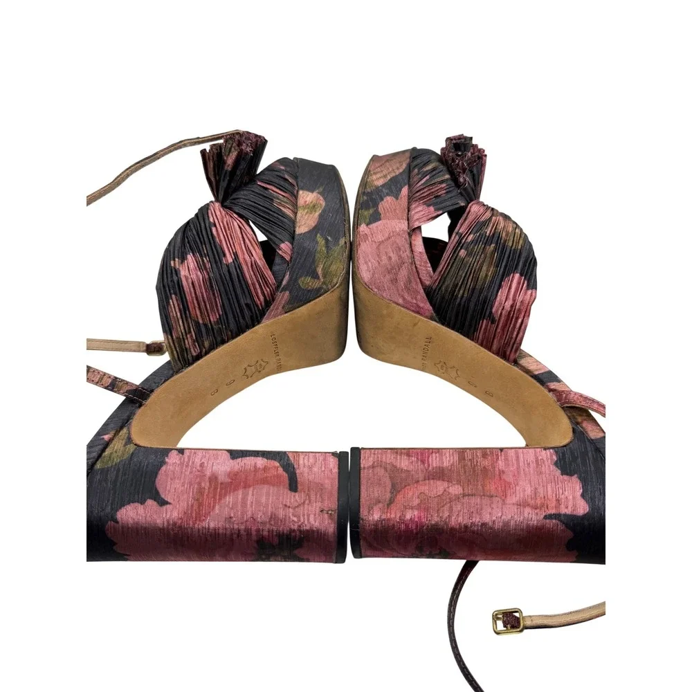 Loeffler Randall Natalia Floral Lame Pleated Bow Platform Sandals Pink Black 9B